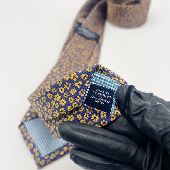 Charles Tyrwhitt of Jermyn St Silk Tie Floral French Blue & Gold - Picture 5 of 10